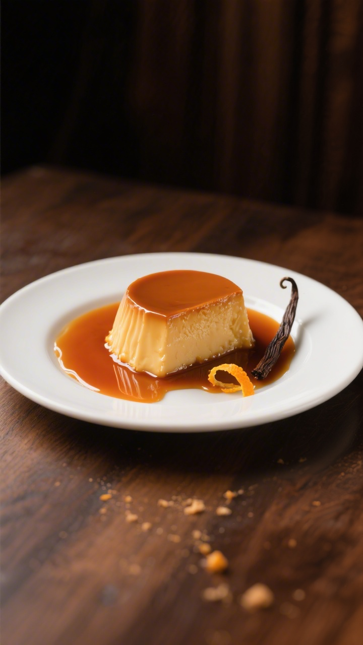 Final plated beauty: Velvety caramel flan unmolded onto a white rimmed plate, thick amber caramel ca