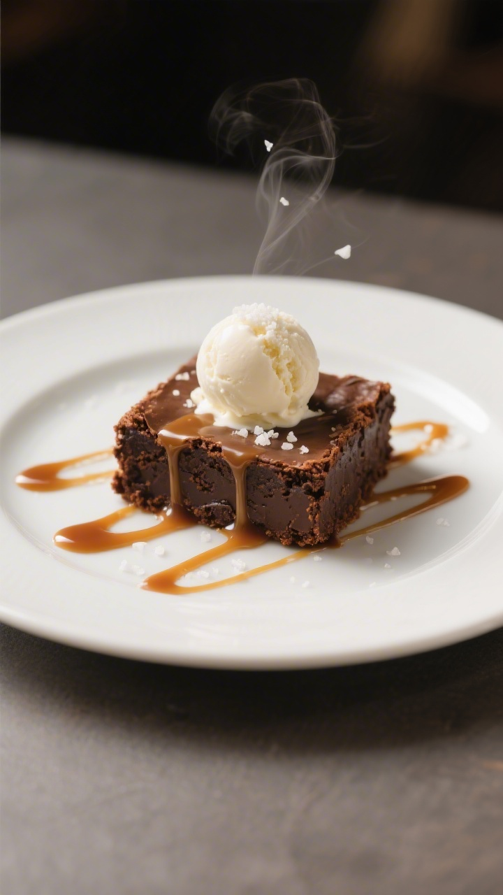 Final plated dessert: A warm brownie square plated on a white ceramic dessert plate, caramel visibly