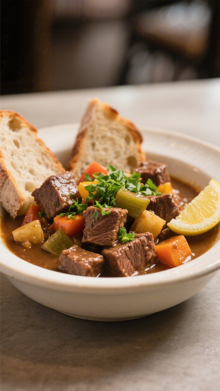 Final plated dish: Beautifully plated bowl of hearty beef stew, piled with thick beef cubes and vibr