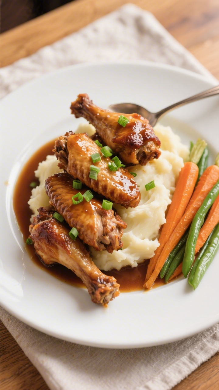 Final plated dish: Restaurant-quality presentation of turkey wings with glossy gravy spooned over, s