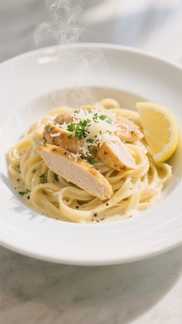 Final plated dish: Restaurant-quality presentation of Creamy Chicken Alfredo on a wide white pasta b