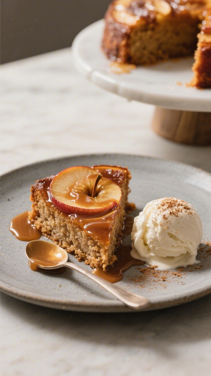 Final plated dish: Restaurant-quality slice of caramel apple upside-down cake served warm on a matte