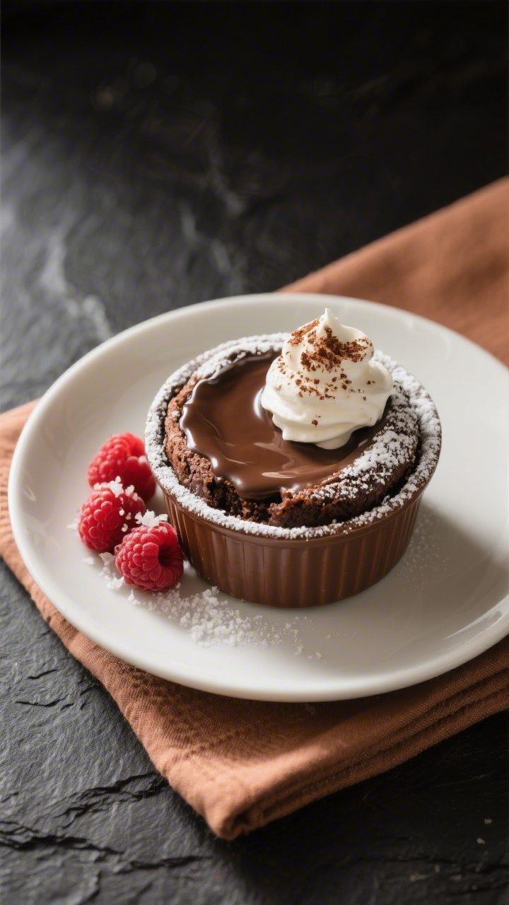 Final plated dish: Restaurant-style presentation of a single Chocolate Lava Pressure Cake served in
