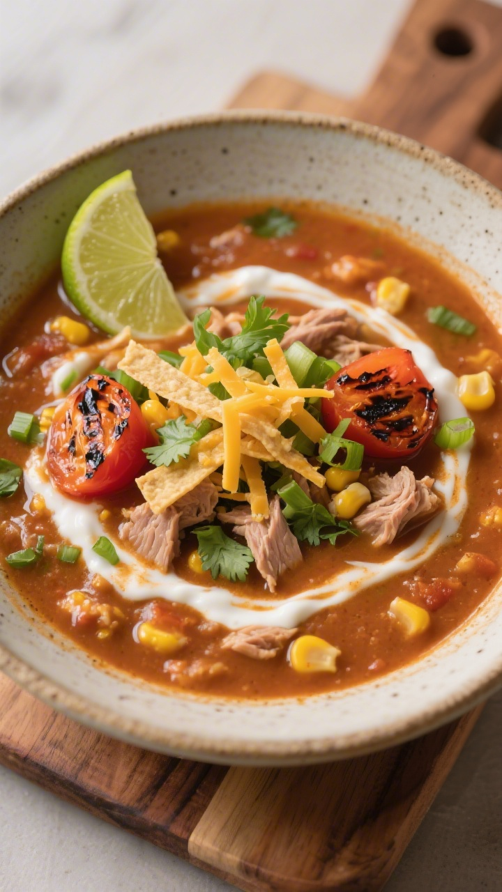 Final plated, hero shot: Beautifully plated bowl of Healthy Turkey Taco Soup with a slightly thicken