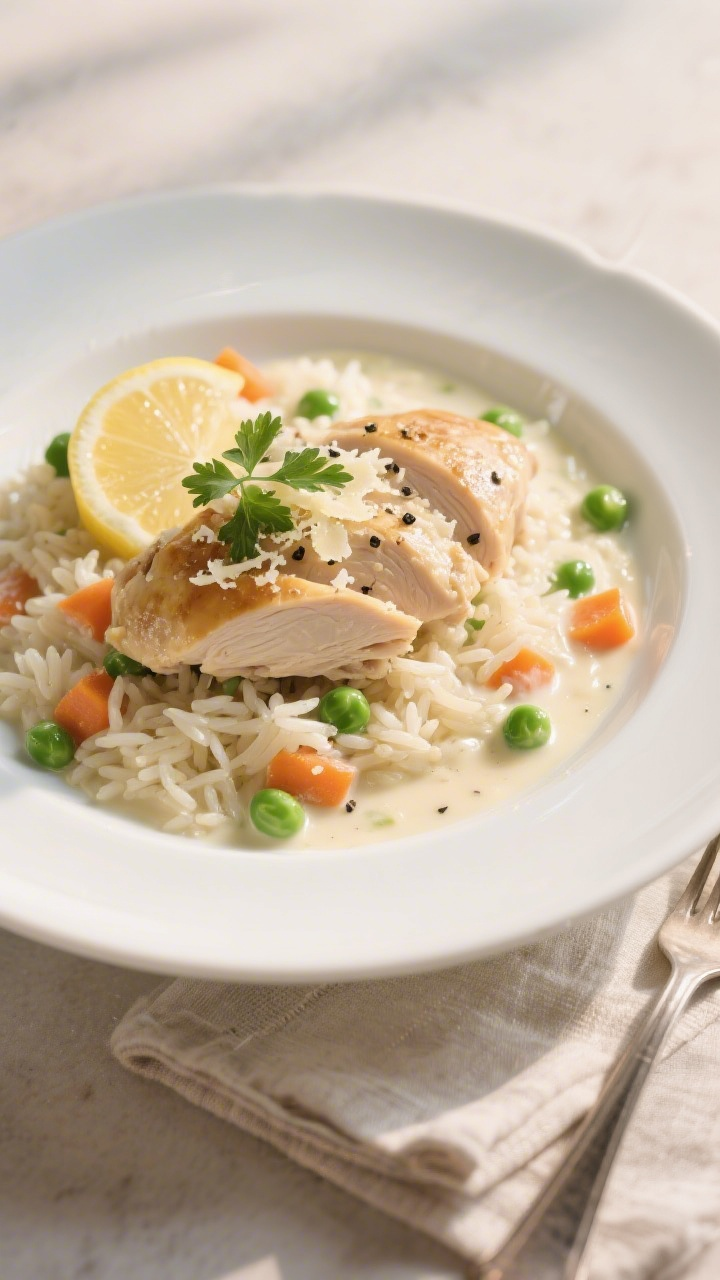 Final plated presentation: Beautifully plated creamy chicken and rice on a wide white shallow bowl,