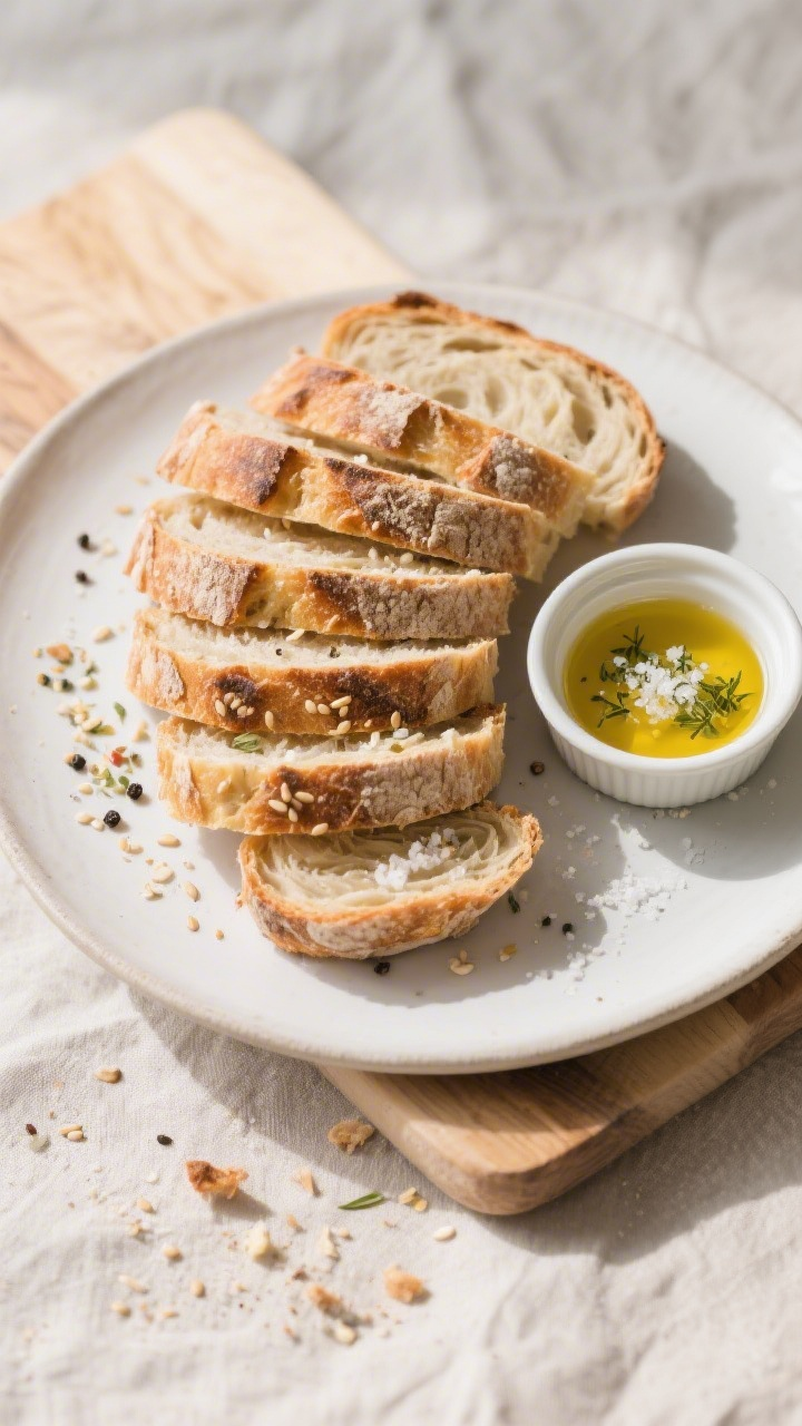 Final plated presentation: Beautifully plated slices of the no‑knead rustic loaf arranged in a fan