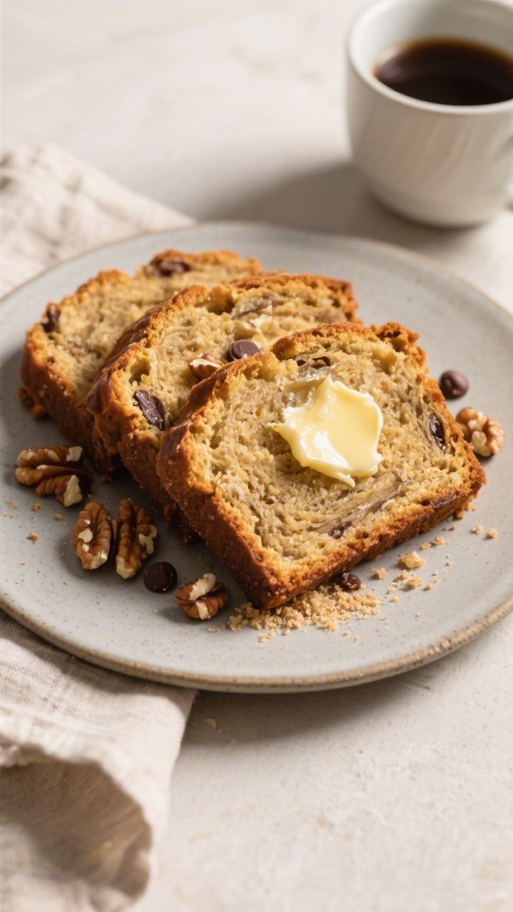 Final plated presentation: warm slices of brown butter banana bread fanned on a matte stoneware plat