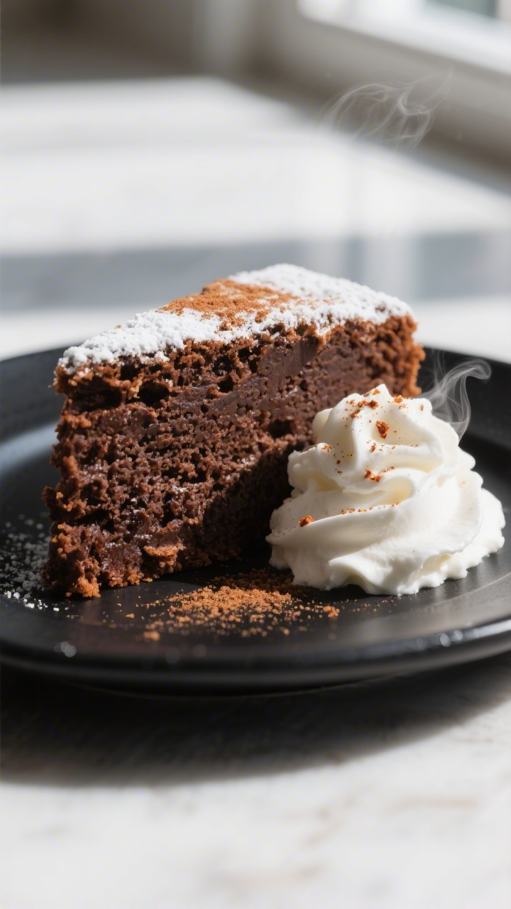 Final plated slice detail: Close-up of a thick slice of Mexican chocolate cinnamon cake on a matte b