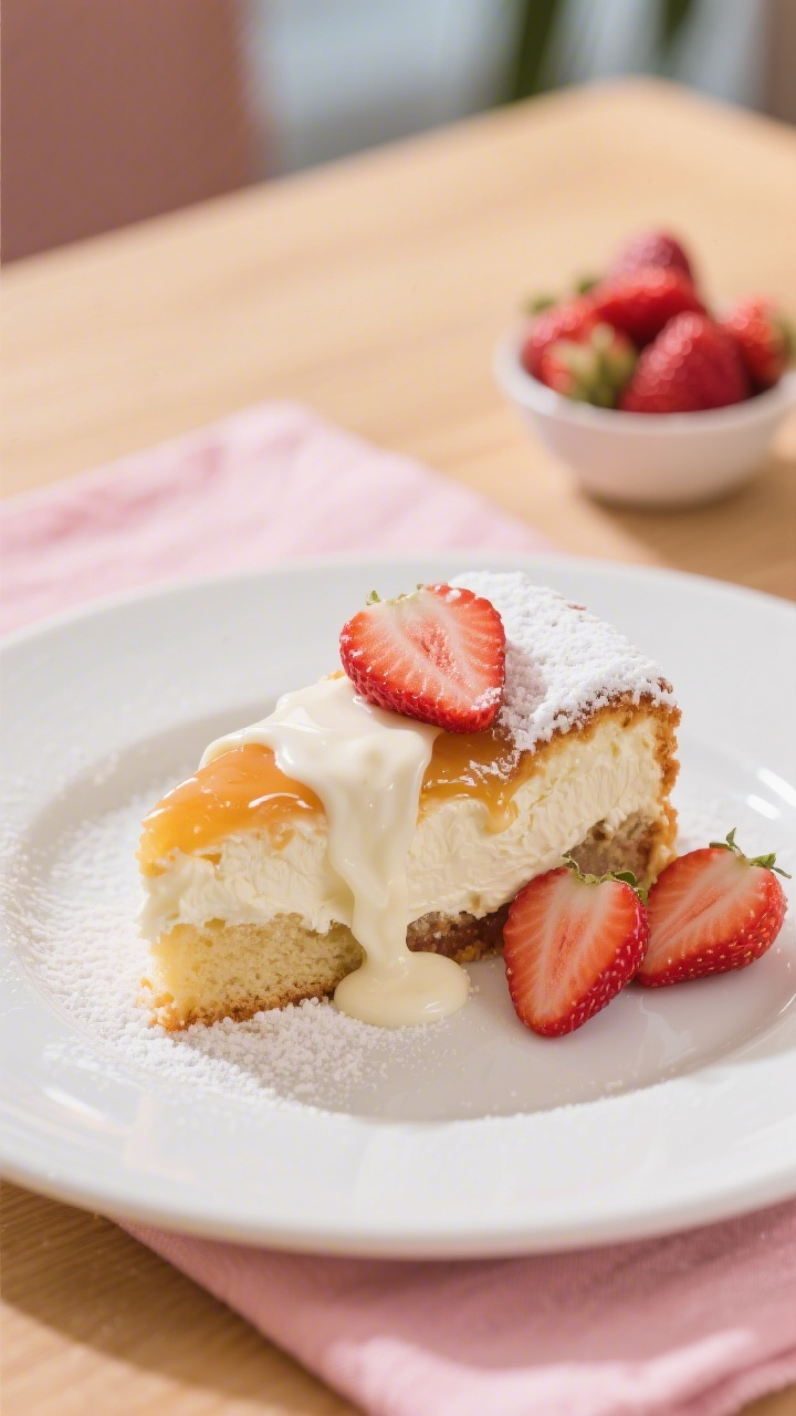 Final presentation shot: Beautifully plated Strawberry Earthquake Cake wedge served warm, cream chee