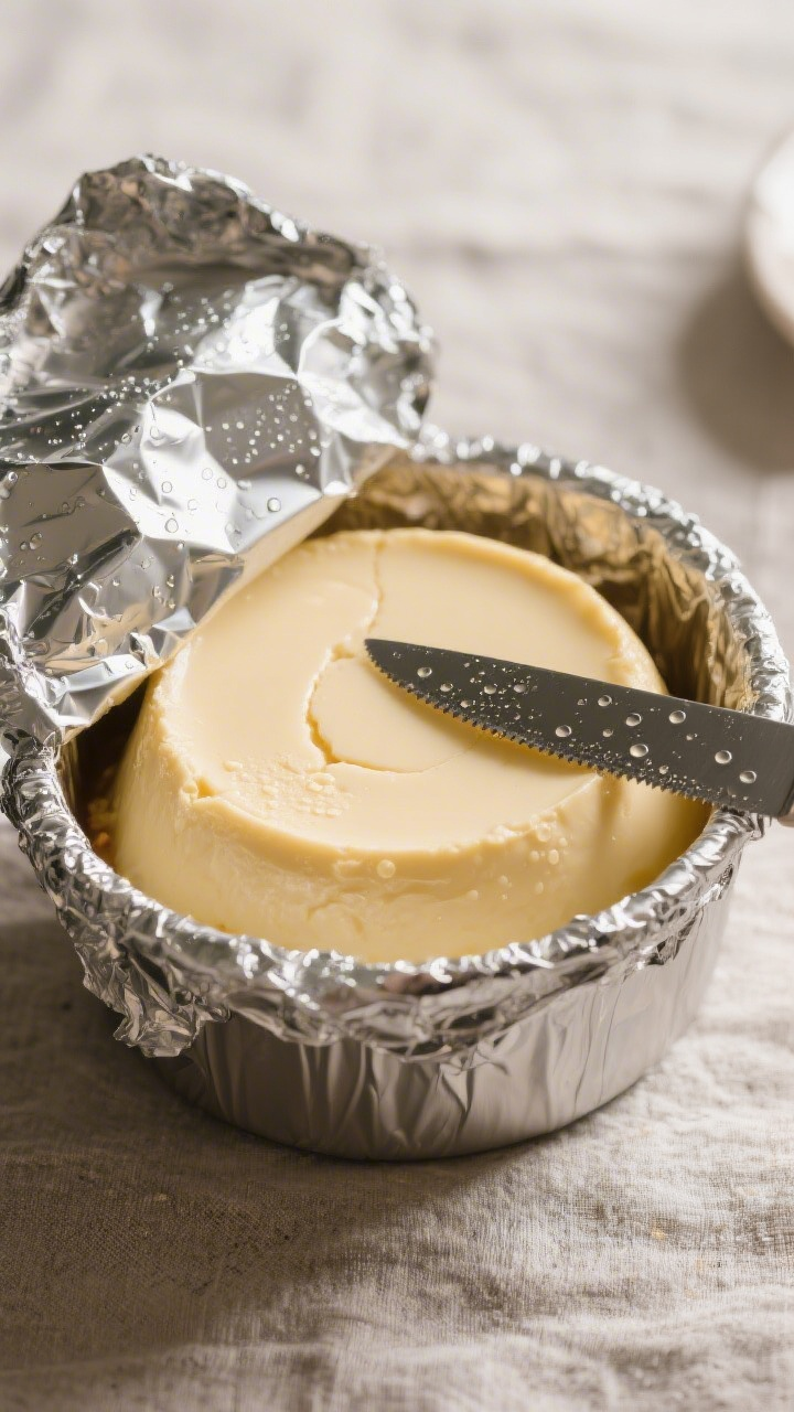 Overhead “doneness check” shot: Foil-topped flan mold just removed from the pressure cooker, foi