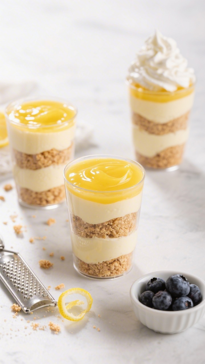 Overhead shot of layered Lemon Curd Custard Parfaits mid-assembly: clear glasses showing defined str