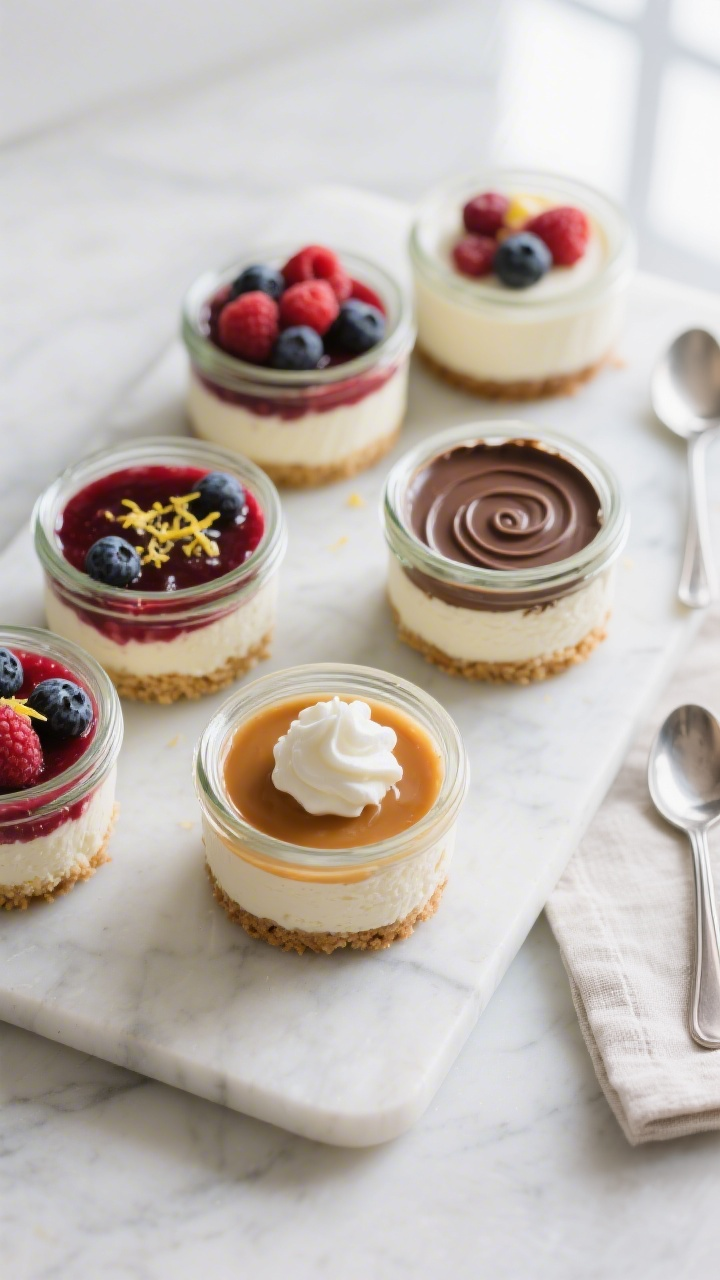 Overhead “tasty top view” of assorted chilled mini cheesecake jars ready to serve, arranged on a
