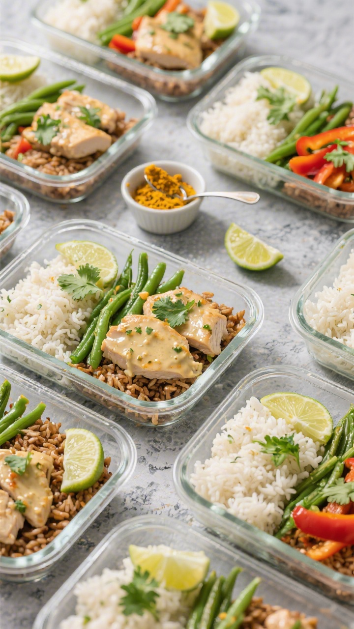 Tasty overhead shot, meal-prep angle: of multiple meal-prep containers filled with Coconut‑Lime Ch