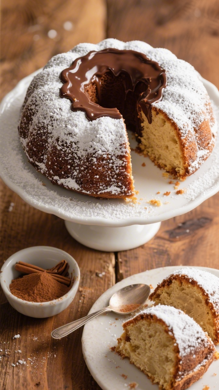Tasty top-down presentation: Overhead shot of the whole unmolded cake on a simple white cake stand,