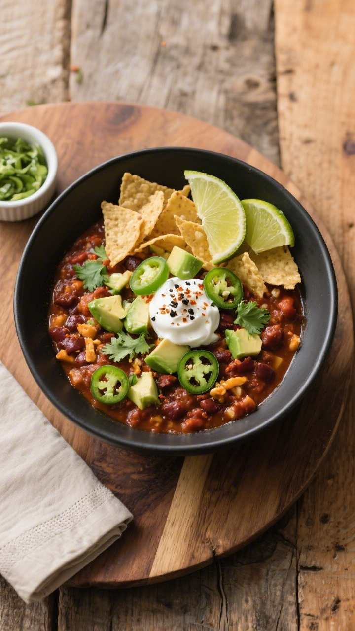 Tasty top view final dish: Overhead shot of a wide, matte-black bowl filled with the chili, artistic