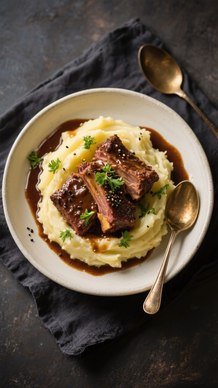 Tasty top view — Final plating over mashed potatoes: Overhead shot of spoon-tender short ribs over