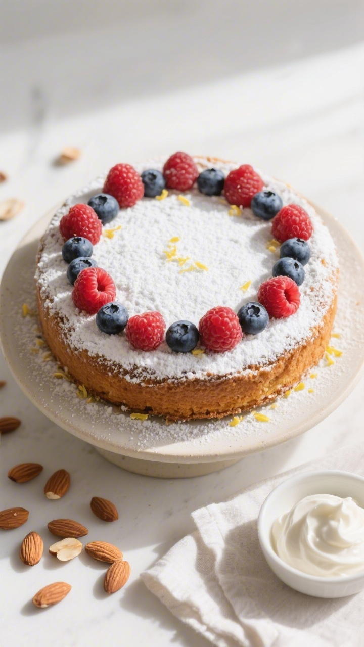 Tasty top view, final presentation: Overhead shot of the whole almond cake right-side up on a simple