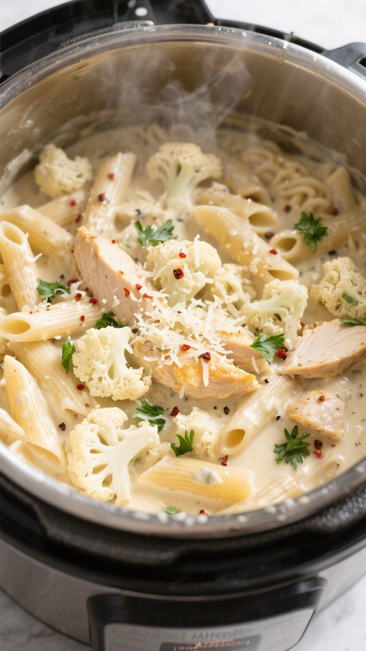 Tasty top view, in-pot finish: Overhead shot of creamy Cauliflower “Alfredo” Chicken Pasta just