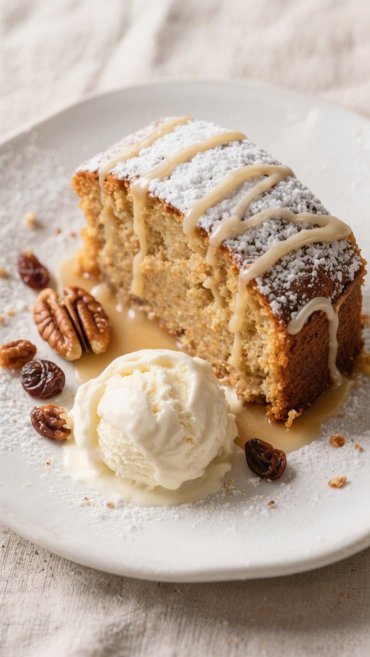 Tasty top view of the finished Applesauce Spice Pressure Cooker Cake on a matte white plate, generou