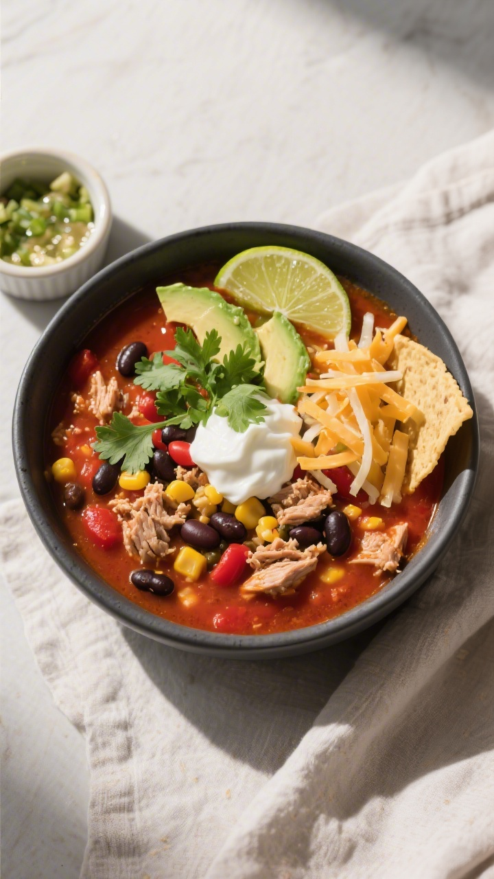 Tasty top view, overhead: Overhead shot of Healthy Turkey Taco Soup just after pressure release and 