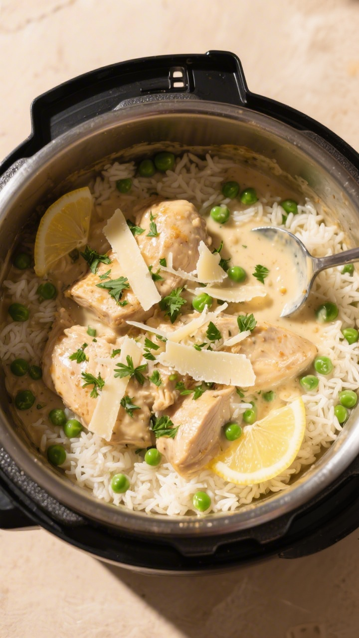 Tasty top view, overhead: Overhead shot of the finished one-pot creamy chicken and rice in the open