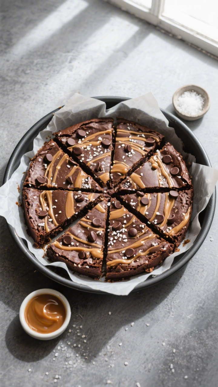 Tasty top view: Overhead shot of a round pan of pressure-cooker brownies sliced into neat wedges, sh