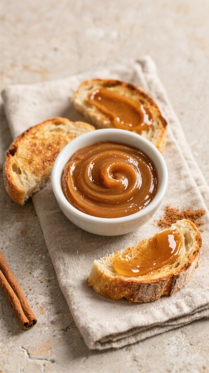 Tasty top view: Overhead shot of a small bowl of apple butter with a soft ripple on top, surrounded