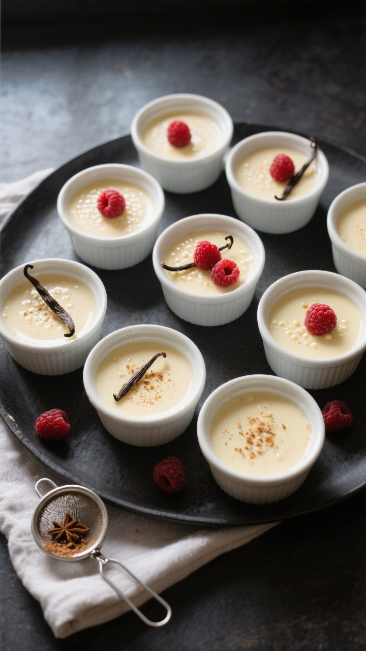 Tasty top view: Overhead shot of chilled vanilla bean custards set in small white ramekins on a matt