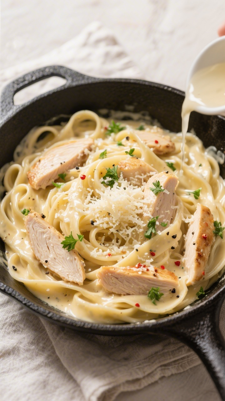 Tasty top view: Overhead shot of fettuccine Alfredo tossed directly in the silky Parmesan cream sauc