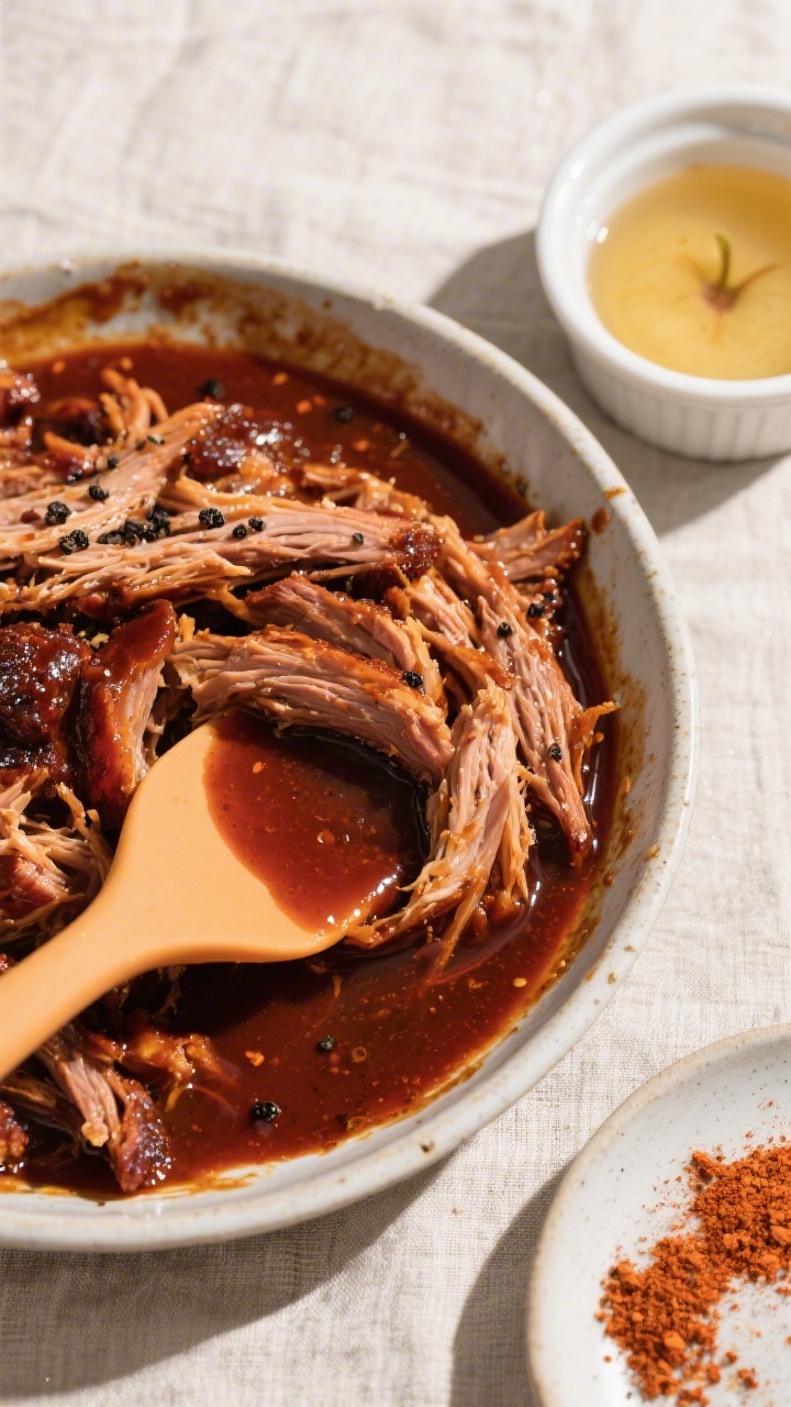 Tasty top view: Overhead shot of saucy BBQ pulled pork just shredded and tossed back in reduced cook