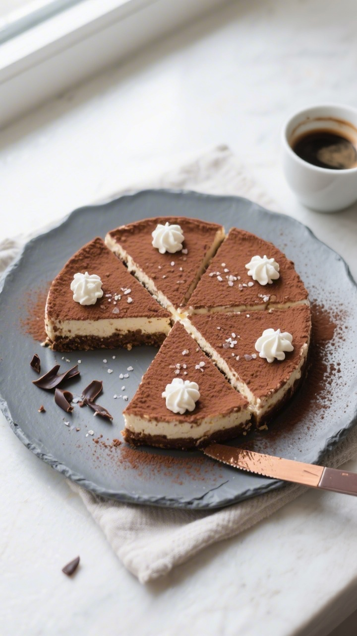 Tasty top view: Overhead shot of the chilled torte dusted evenly with fine cocoa powder, cut into ne