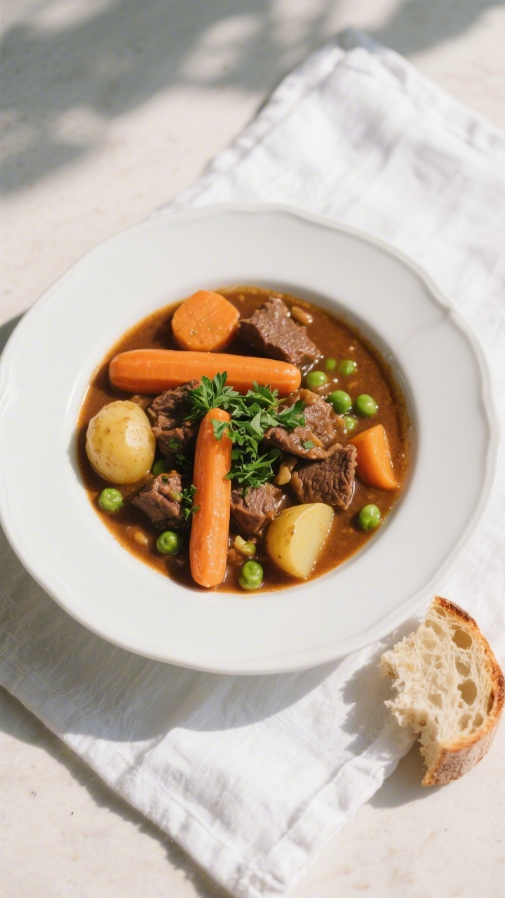 Tasty top view: Overhead shot of the finished Beef and Vegetable Stew ladled into a wide, shallow wh