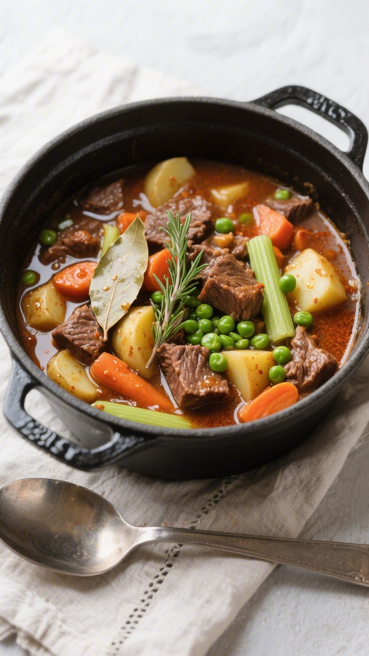 Tasty top view: Overhead shot of the one-pot beef stew at a gentle simmer—fork-tender beef, chunky