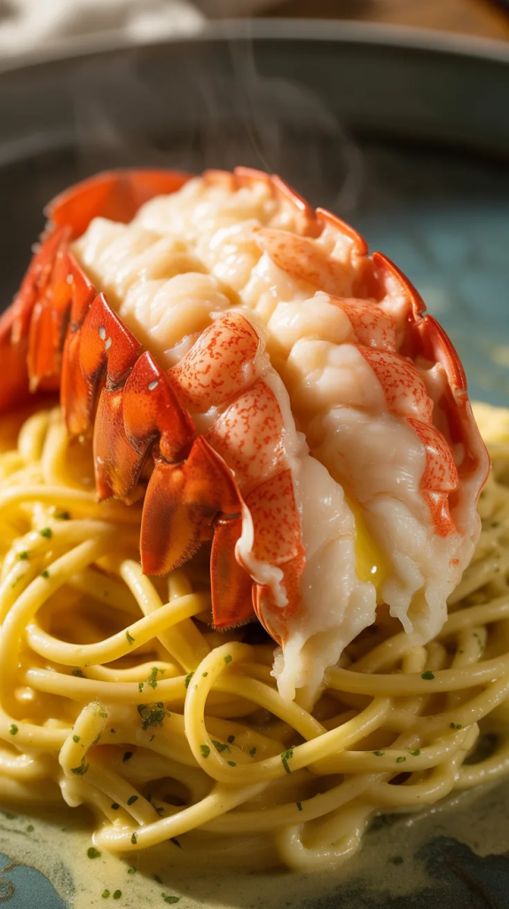 closeup of lobster garlic noodles in glossy butter sauce