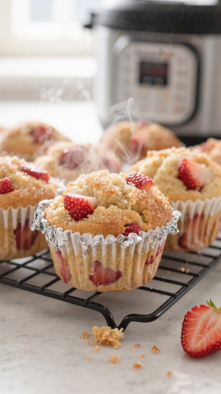 Close-up detail: A cluster of Instant Pot strawberry muffins just out of the silicone cups, foil fre