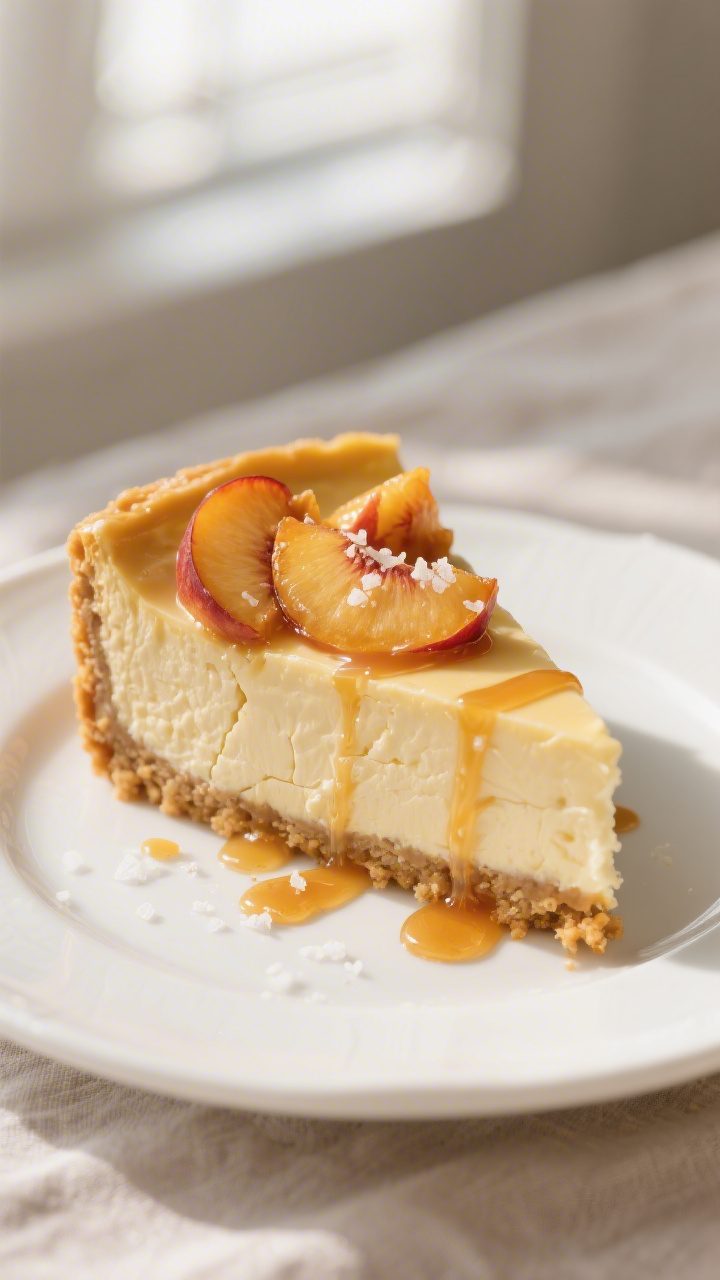 Close-up detail: A slice of “swicy” hot honey & roasted peach cheesecake just after unmolding, s