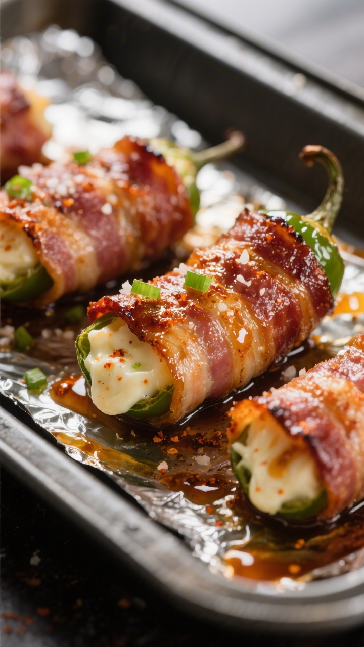 Close-up detail: Bacon-wrapped jalapeno poppers just out of the broiler, bacon deeply caramelized an