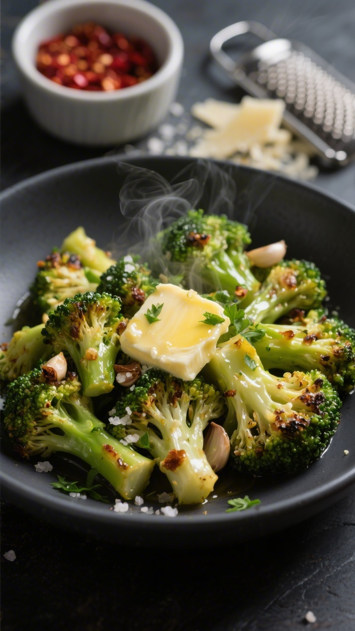 Close-up final bowl: Garlic butter broccoli tossed in the warm pot then plated in a matte charcoal b