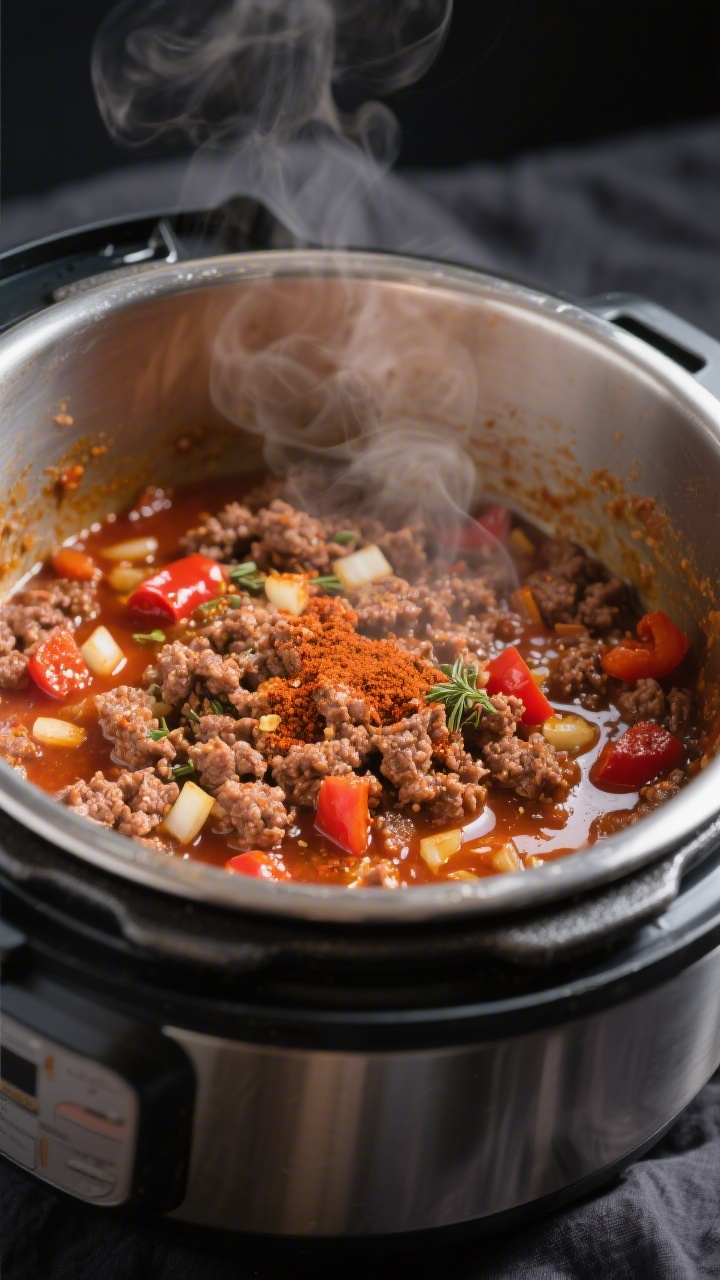 Cooking process, close-up detail: Sautéed ground beef in a pressure cooker pot after deglazing, cru