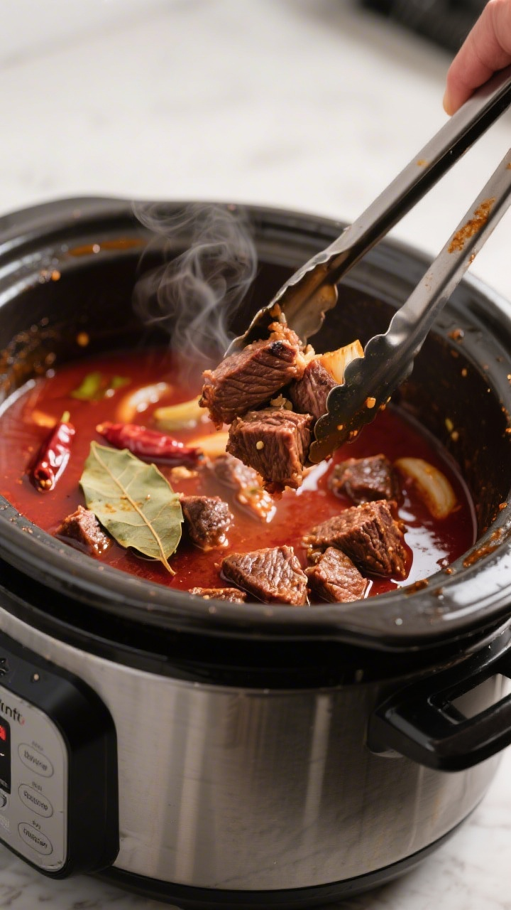 Cooking process close-up: Instant Pot birria just opened after natural release, tender beef chuck ch