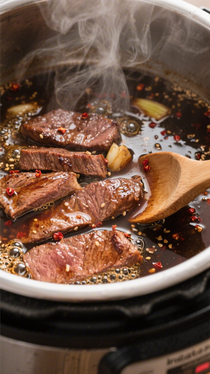 Cooking process – Instant Pot sauté stage: Close-up of glossy, browned slices of flank steak nest