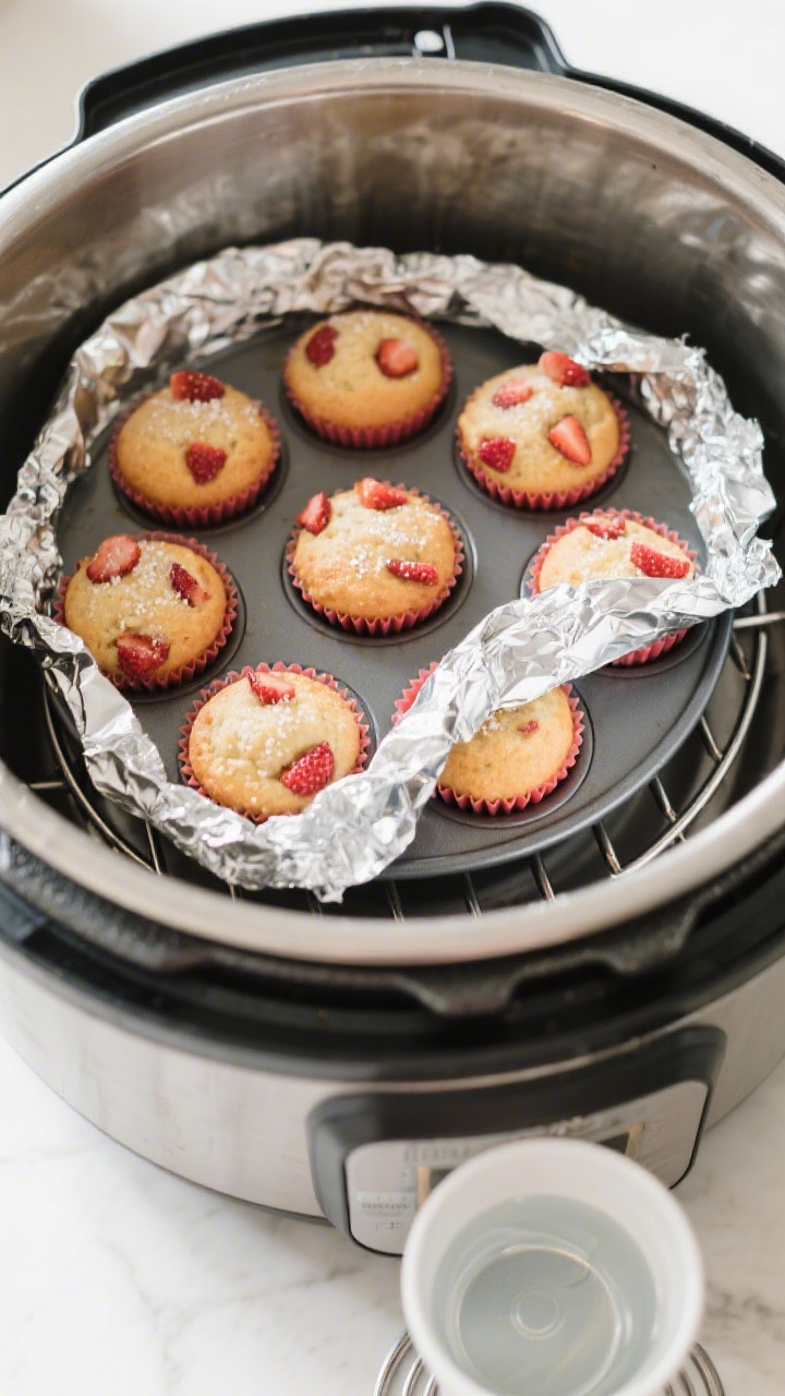 Cooking process: Overhead shot inside an open Instant Pot showing a silicone muffin pan set on a tri