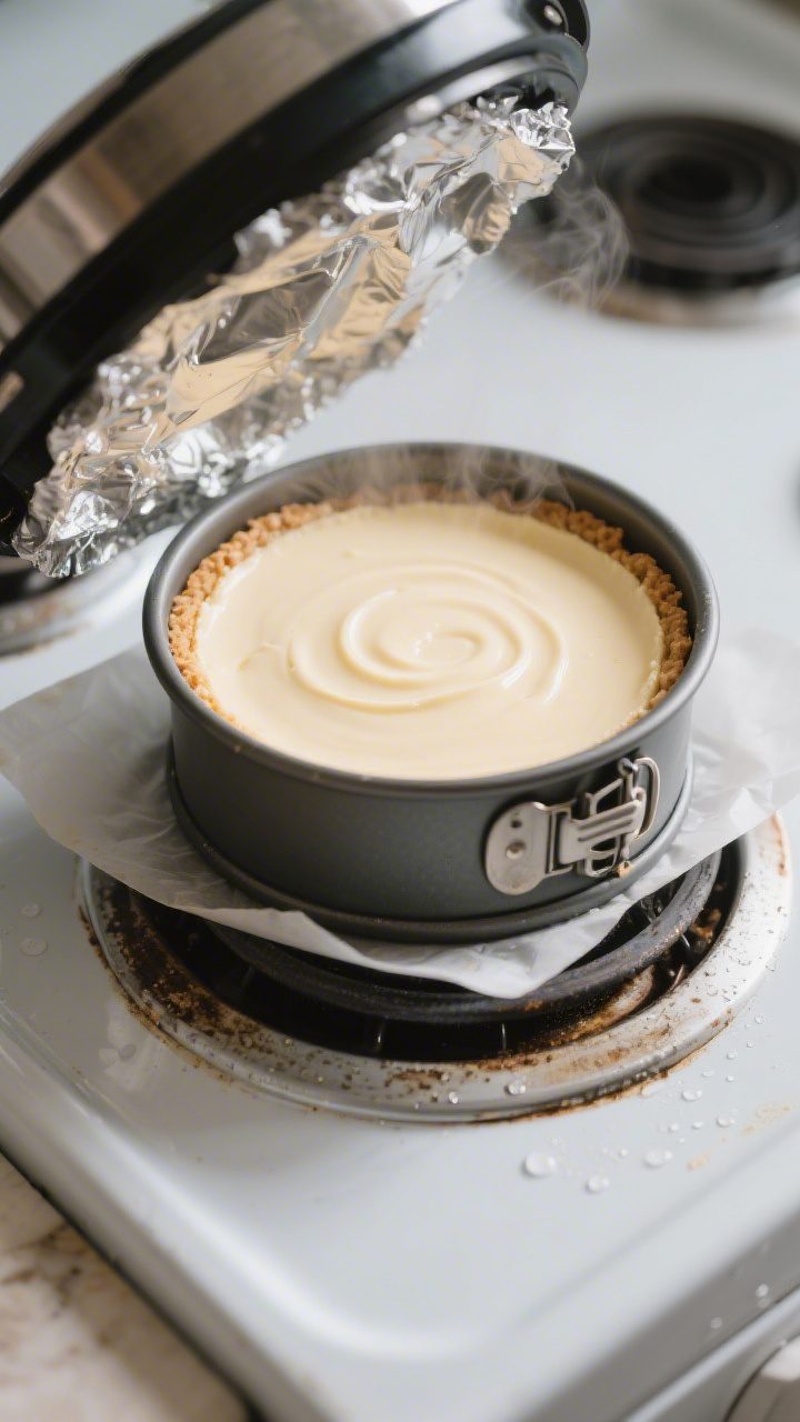 Cooking process: Overhead shot of the small springform pan just lifted from the pressure cooker, foi