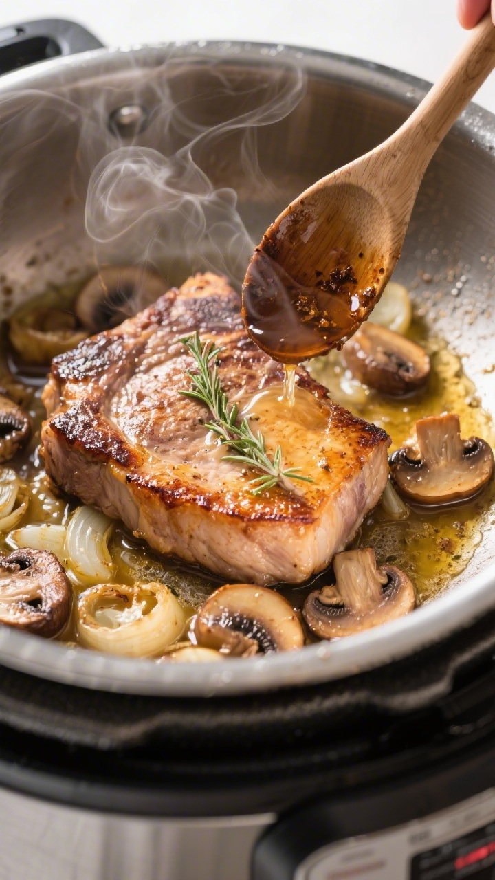 Cooking process — Searing and deglazing: Close-up of golden-brown pork chops just after searing in