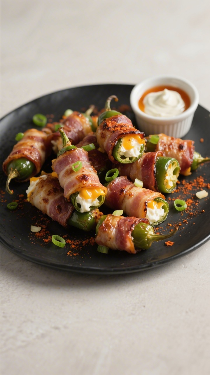 Final dish presentation: Beautifully plated Bacon Wrapped Jalapeno Poppers on a matte black platter,
