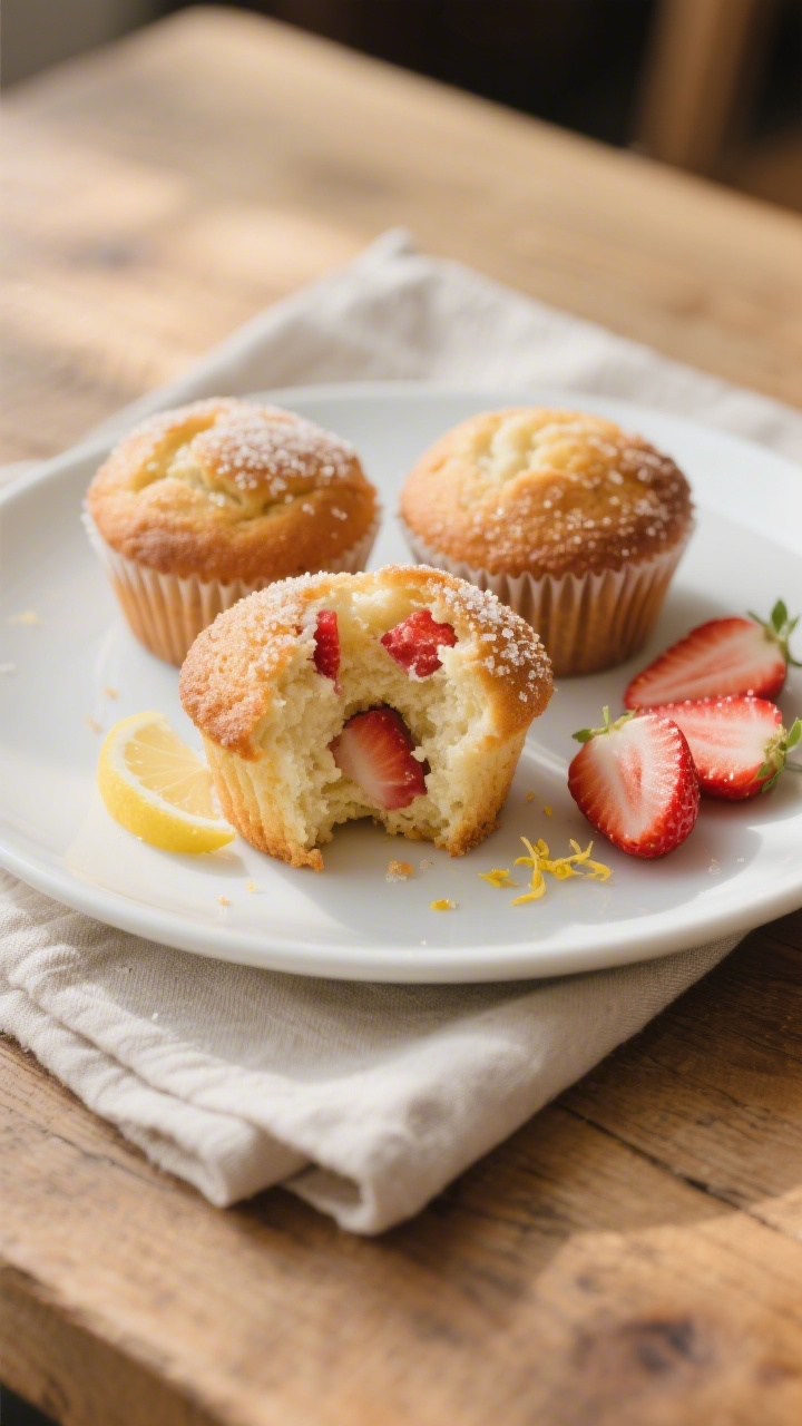 Final dish presentation: Beautifully plated bakery-style strawberry muffins on a matte white plate, 