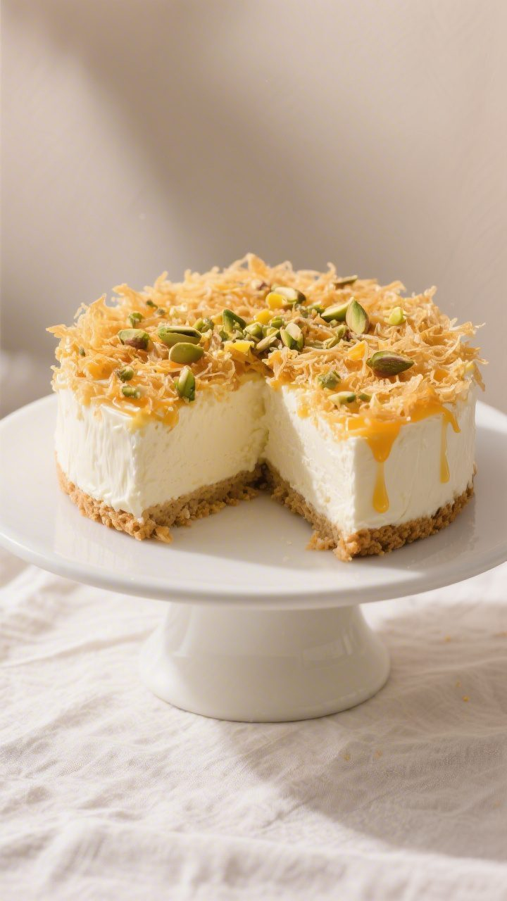 Final dish presentation: The “Knafeh-Crunch” Sour Cream Cheesecake unmolded and fully set, toppe