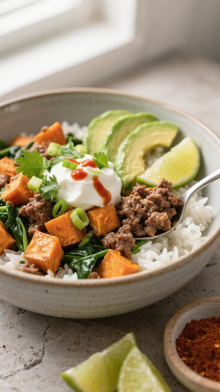 Final plated bowl, three-quarter angle: Ground beef and sweet potato bowl spooned over fluffy white