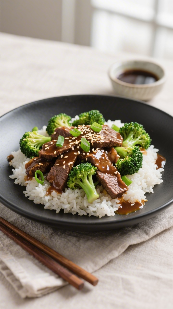 Final plated dish – : Beautifully plated Instant Pot Beef and Broccoli over fluffy white rice in a