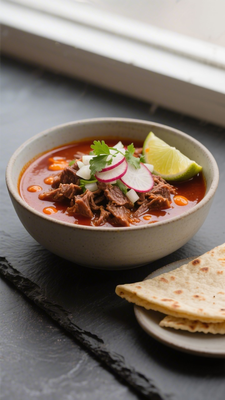 Final plated stew: Beautifully presented bowl of beef birria as a stew with rich, strained consommé